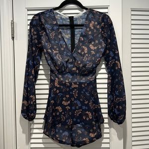 Blue flower print long sleeve romper